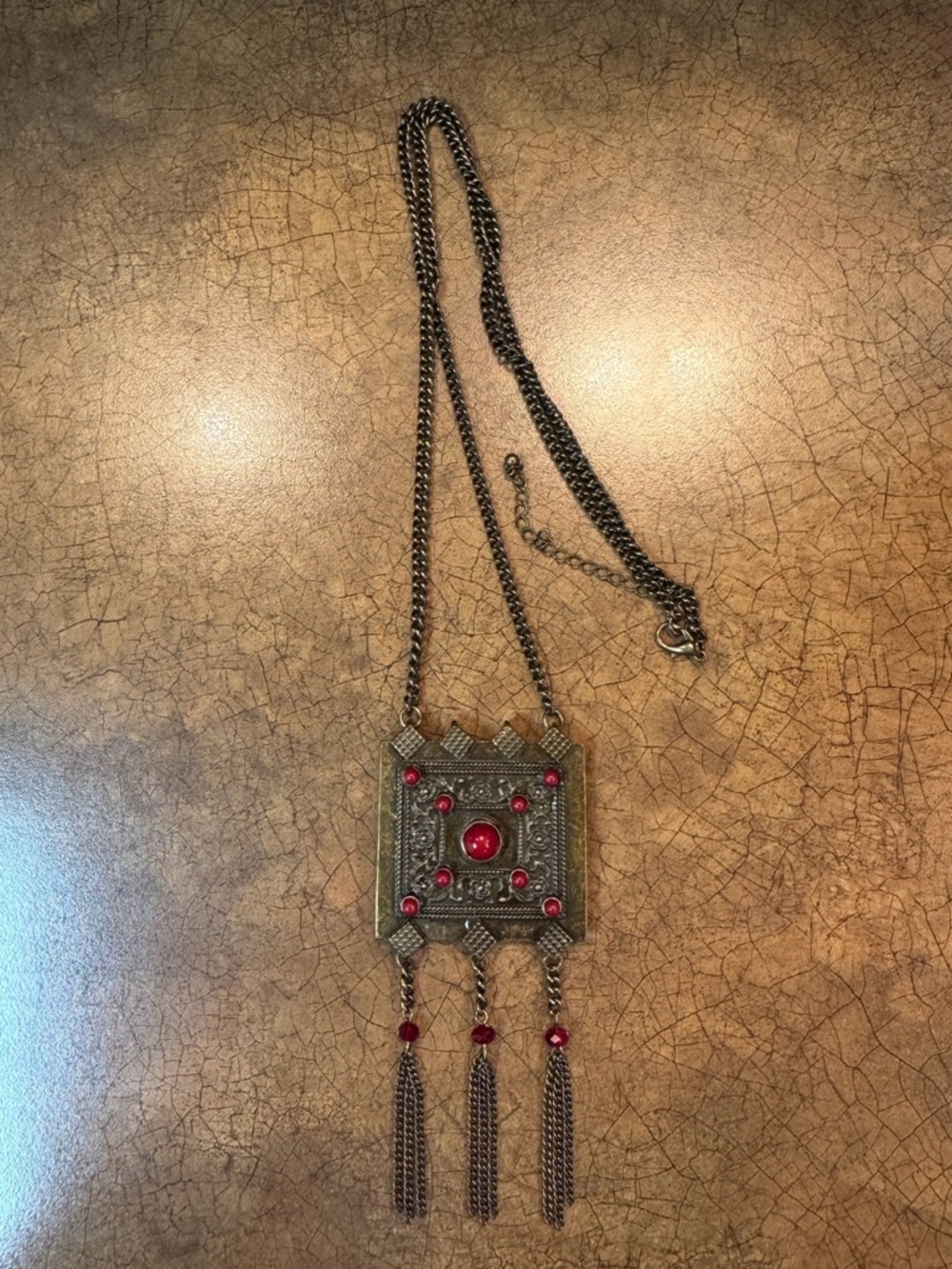 Statement Antique Gold-Tone Necklace with Red Accents